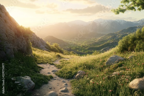 Breathtaking sunset illuminating a serene mountain valley with lush greenery and a winding path leading through wildflowers