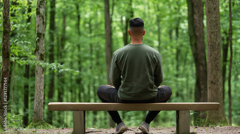 Fototapeta premium Person meditating peacefully on a bench in a serene forest