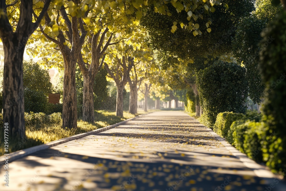Golden leaves dancing in the gentle breeze along a serene tree-lined pathway during early morning sunlight
