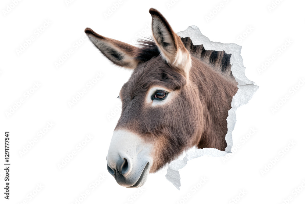 Obraz premium Portrait of a donkey peeking through wall, cut out