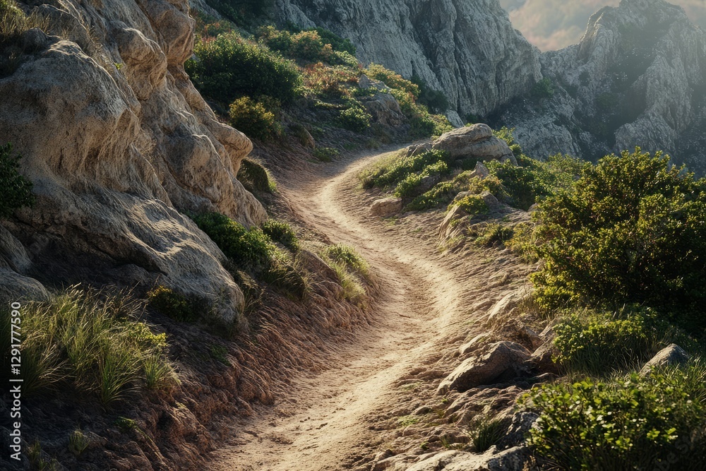 A winding trail meanders through a rugged, rocky landscape bathed in the gentle, soft light of the early morning sun, close to a magnificent mountain range