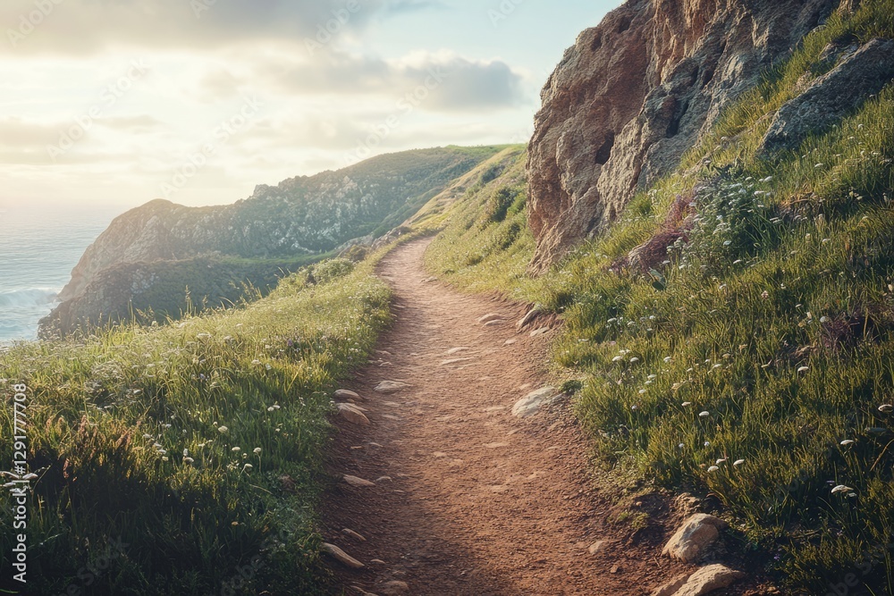 A picturesque coastal trail meanders through vibrant, lush greenery, showcasing stunning rocky cliffs and breathtaking ocean views as the sun sets in a dazzling display of colors