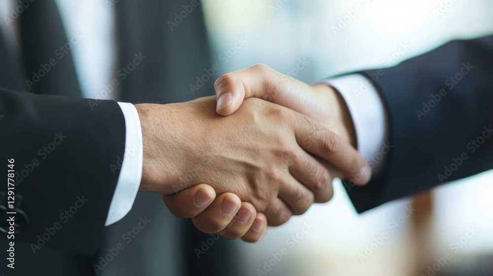 Two business professionals engage in a firm handshake to conclude a successful meeting in a modern office setting during the daytime hours Two business professionals engage in a firm handshake to conclude a successful meeting in a modern office setting during the daytime hours