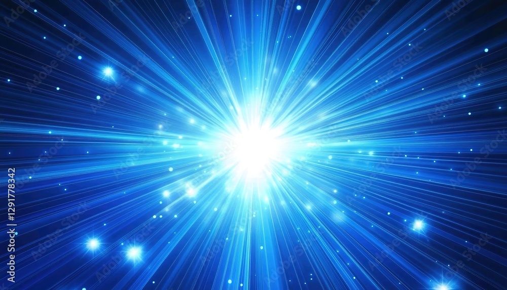 Glowing blue light rays against a background with shining stars, representing an energy and space concept. Glowing blue light rays against a background with shining stars, representing an energy and space concept.