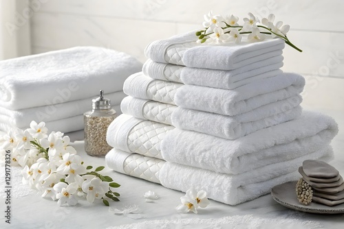 Luxurious White Towels Stacked with Delicate Flowers in a Spa-Inspired Setting