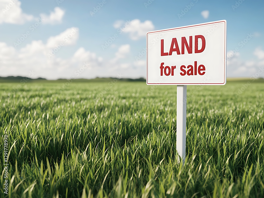 Fototapeta premium Open Field Available: Sign in a field of tall green grass under a blue sky advertises land for sale. Serene landscape opportunity.