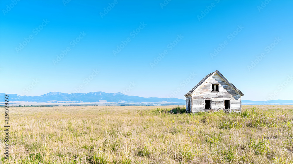 Abandoned farmhouse in a vast field, mountains background Abandoned farmhouse in a vast field, mountains background