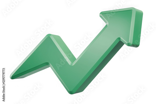 3d Green arrow growing up icon. Minimal Cartoon Success Green arrow up soaring finances icon isolated on purple background. Finance business economics progress concept. 3d render.