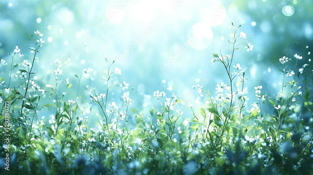 Obraz premium Dreamy, sunlit meadow with delicate white wildflowers and lush green foliage.