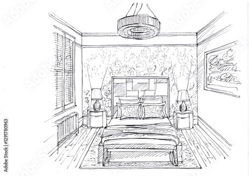 Hand drawn black and white concept sketch for a bedroom.
