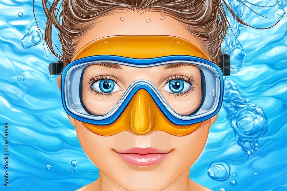 Naklejka premium a 2D cartoon illustration of a person snorkeling in crystal-clear waters, adventurous and fun, white background
