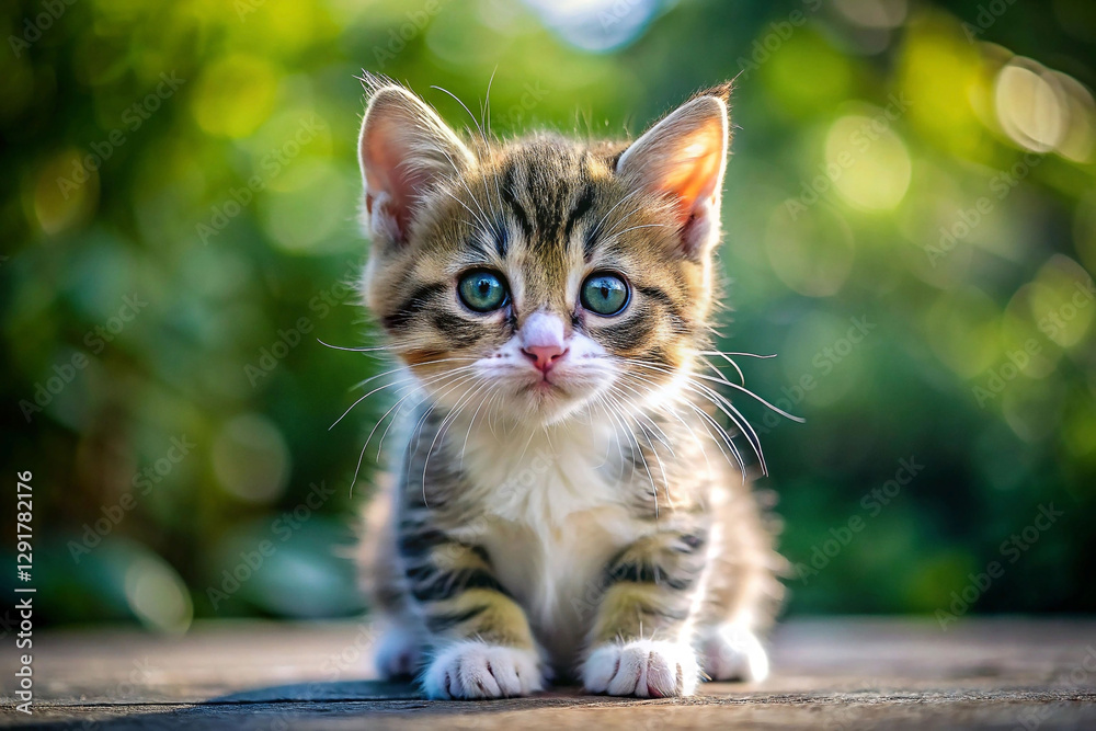 Obraz premium Adorable kitten outdoors, garden setting, soft focus bokeh