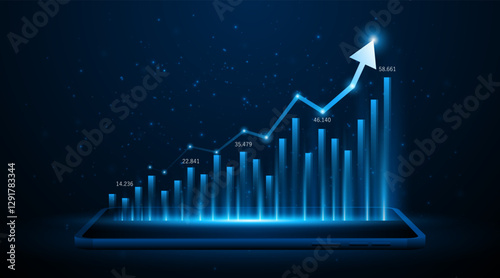 Arrow pointing upwards for future company growth set on tablet or smartphone. Stock market graph with rising candles. Ideas for growing a profitable business or investment	