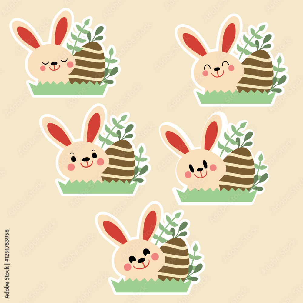Set of Easter stickers illustrations featuring an adorable bunny with decorated eggs and greenery on a grassy area, perfect for holiday and spring designs. Set of Easter stickers illustrations featuring an adorable bunny with decorated eggs and greenery on a grassy area, perfect for holiday and spring designs.