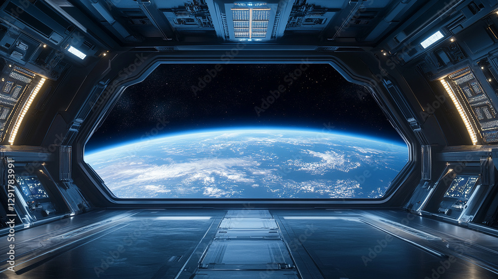 A futuristic space station interior with sleek metallic surfaces and glowing white lights, featuring a panoramic view of Earth, symbolizing advanced technology, exploration, and innovation A futuristic space station interior with sleek metallic surfaces and glowing white lights, featuring a panoramic view of Earth, symbolizing advanced technology, exploration, and innovation