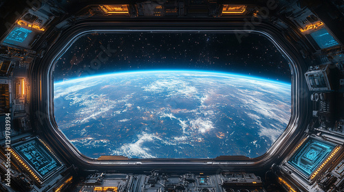 Fototapeta Naklejka Na Ścianę i Meble -  A futuristic space station interior with sleek metallic surfaces and glowing white lights, featuring a panoramic view of Earth, symbolizing advanced technology, exploration, and innovation