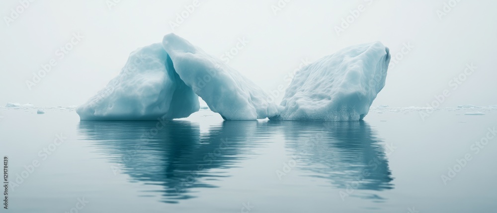 Obraz premium Two icebergs float serenely on calm waters under a misty sky, creating a tranquil and ethereal arctic seascape.