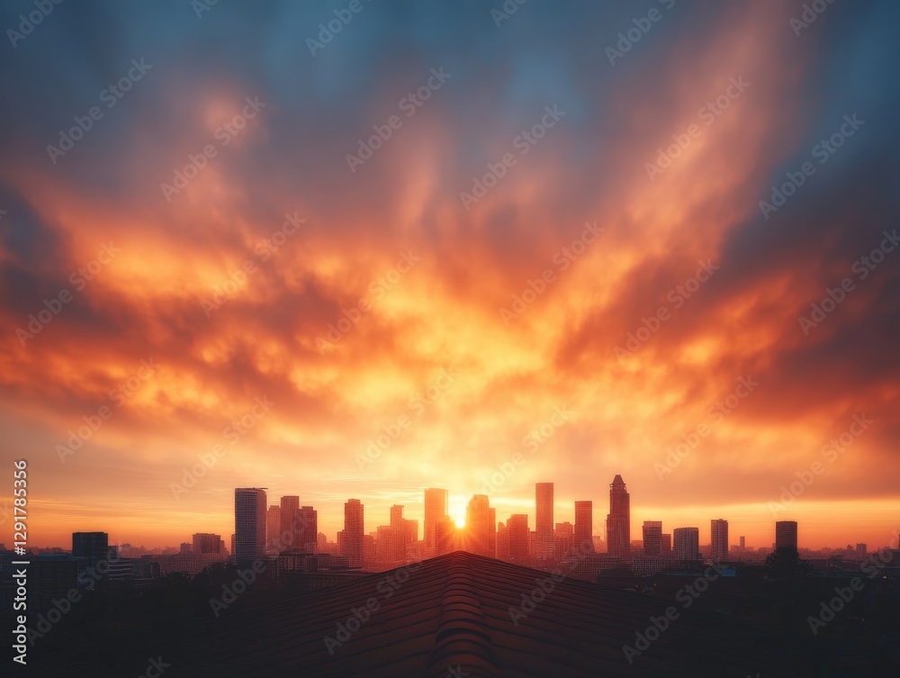 Naklejka premium City skyline at sunset with vibrant sky.