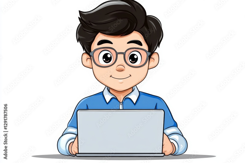 a 2D cartoon illustration of a student taking an online test, modern and focused, white background a 2D cartoon illustration of a student taking an online test, modern and focused, white background