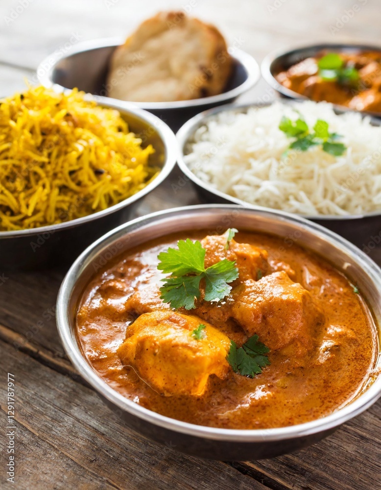Assorted Indian Dishes: Close-Up Collection of Butter Chicken, Biryani, and More Assorted Indian Dishes: Close-Up Collection of Butter Chicken, Biryani, and More