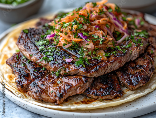 A smoky Korean bulgogi taco topped with kimchi slaw. photo