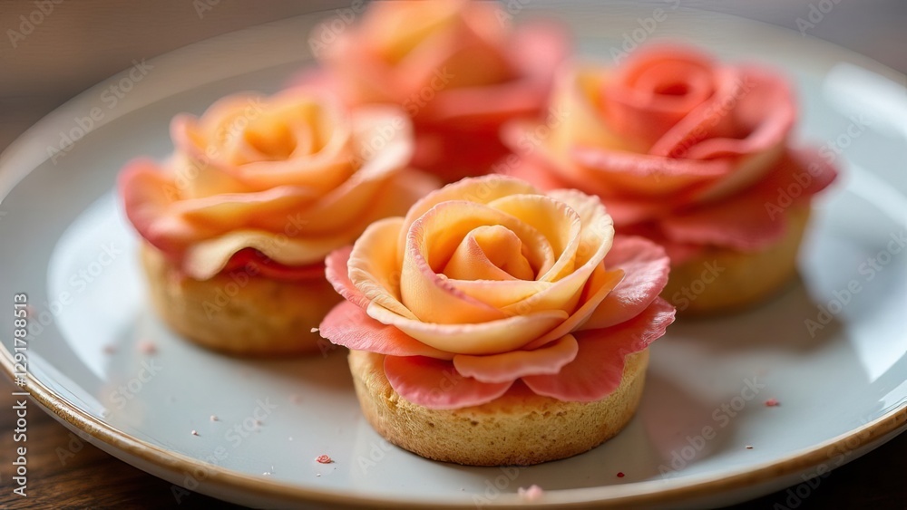 cupcakes with rose-shaped frosting on white plate, elegant dessert concept for bakeries, special events cupcakes with rose-shaped frosting on white plate, elegant dessert concept for bakeries, special events
