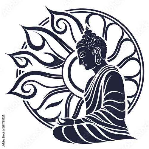 Vector silhouette of buddha meditating in lotus position, conveying serenity, mindfulness, and spiritual awakening, promoting peace and harmony through meditation practice