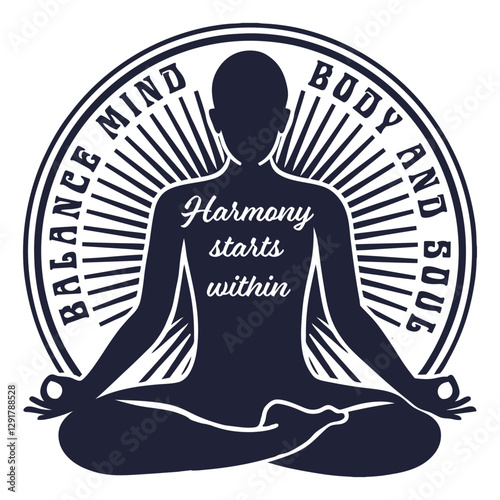 Meditating person silhouette practicing yoga in lotus position inside a circle with sun rays, representing mindfulness, meditation, and spiritual growth, promoting mental health and inner peace emblem