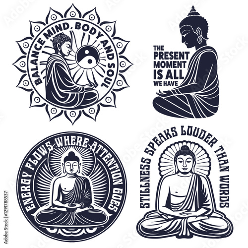 Yoga emblem set with yogi is meditating in lotus position on flower and focusing spirituality, enlightenment, sacred harmony. Buddha collection practicing zen, wisdom, pray, mindfulness