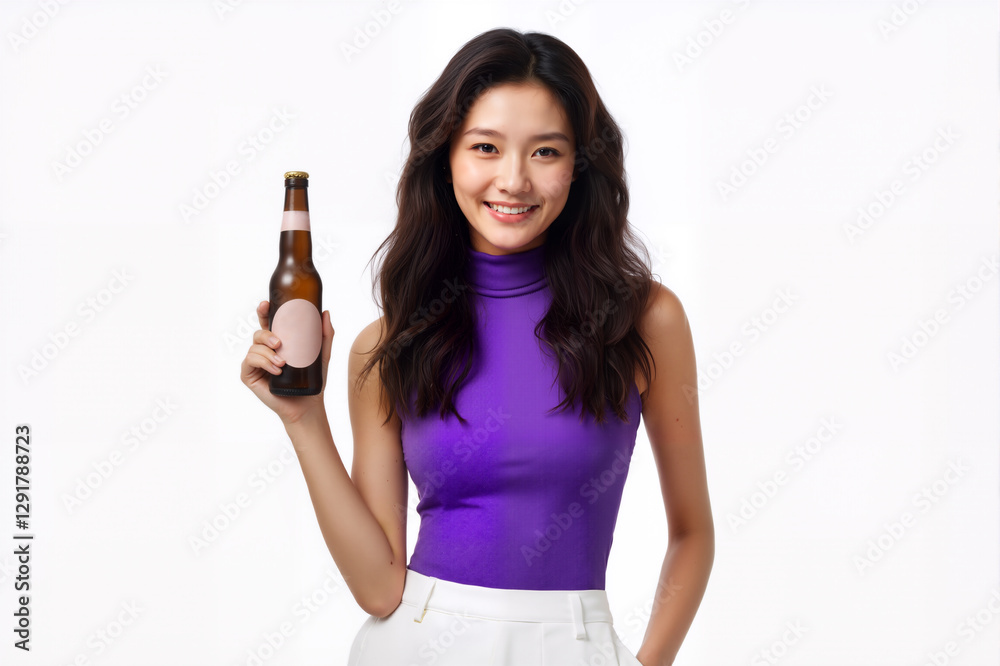 A cheerful young Asian woman smiles warmly, holding a plain mockup brown beer bottle with a blank label, against a white clean isolated background A cheerful young Asian woman smiles warmly, holding a plain mockup brown beer bottle with a blank label, against a white clean isolated background