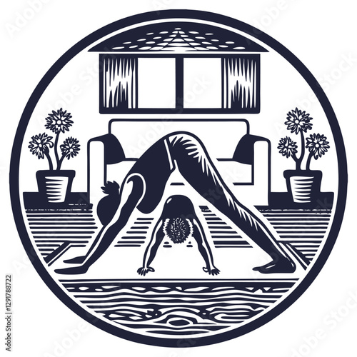 Woman with child practicing yoga on mat in her living room, promoting mental and physical wellbeing through exercise at home. Monochrome woodcut style illustration