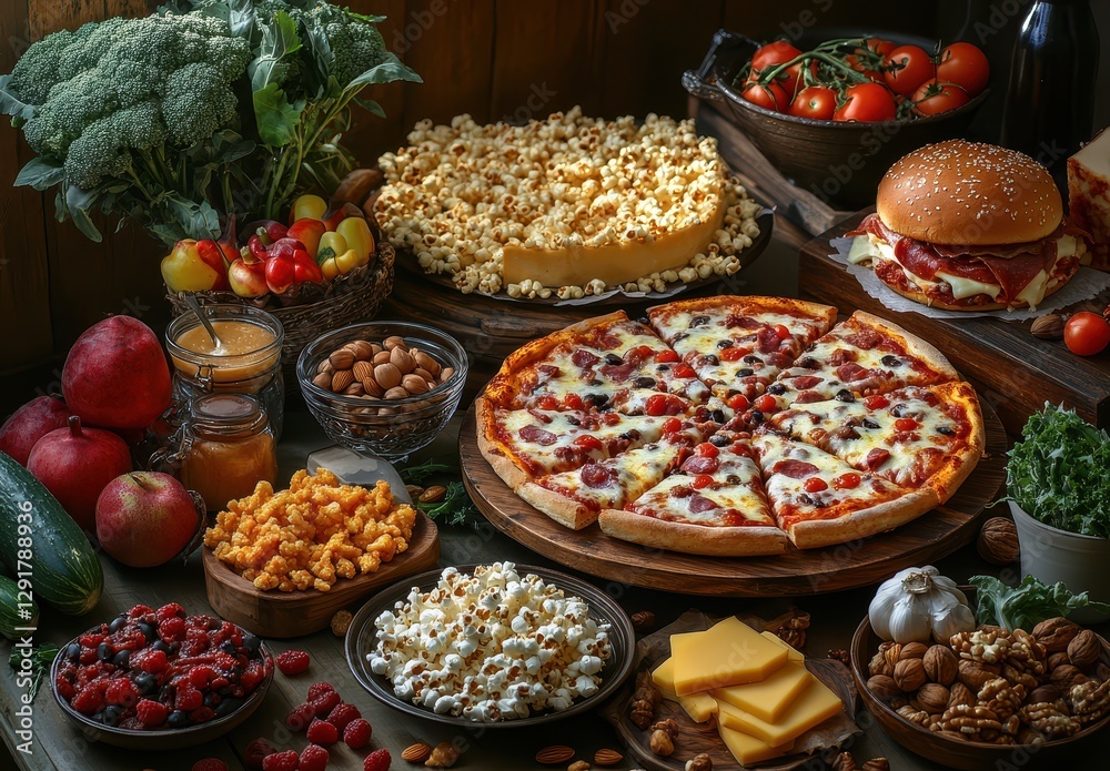 Fototapeta premium Colorful Spread of Delicious Food Including Pizza, Popcorn, Fruits, Vegetables, and Snacks Perfect for a Party or Gathering