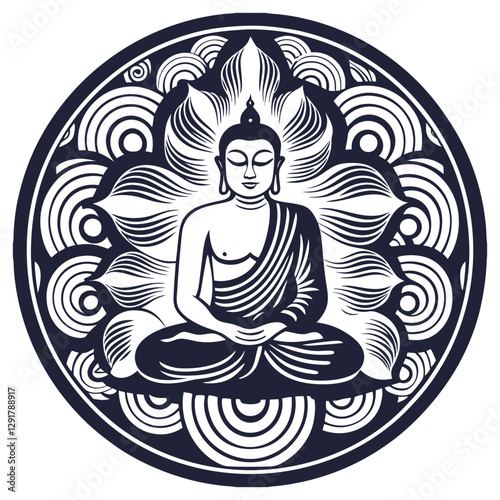 Yogi is meditating in lotus position on flower and focusing spirituality, enlightenment, sacred harmony. Buddha practicing zen, wisdom, pray, mindfulness