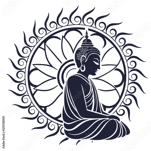 Vector silhouette of buddha meditating in lotus position, conveying serenity, mindfulness, and spiritual awakening, promoting peace and harmony through meditation practice
