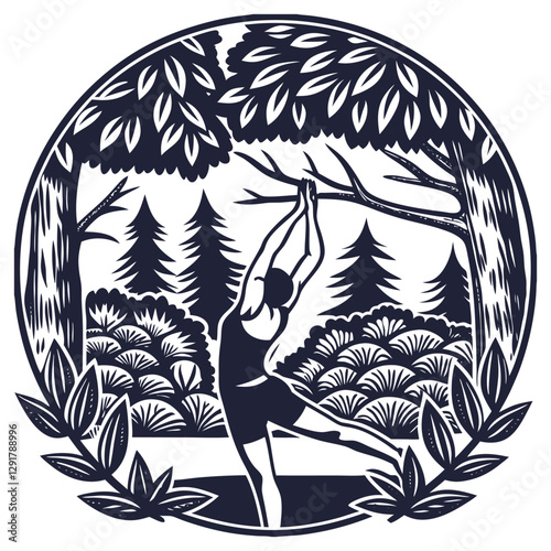 Woman practicing yoga in a peaceful forest setting, promoting mental and physical well being through connection with nature. Monochrome vector illustration