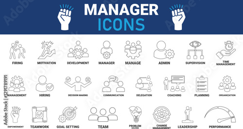 Manager icon set. Containing leadership, supervision, hiring, coaching, management, development, organization, teamwork and delegation icons. Solid icons collection. Vector illustration.