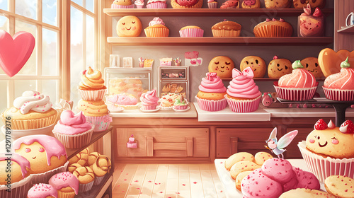 kawaii art bakery shop with chubby smiling pastries, cupcakes with blushing faces, and tiny fairies baking cookies 