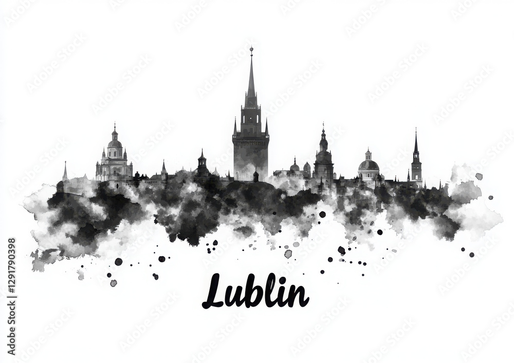 Lublin Poland Skyline BW, cityscape landscape watercolor painting print abstract splash illustration art modern urban poster artwork landmarks skyscrapers 