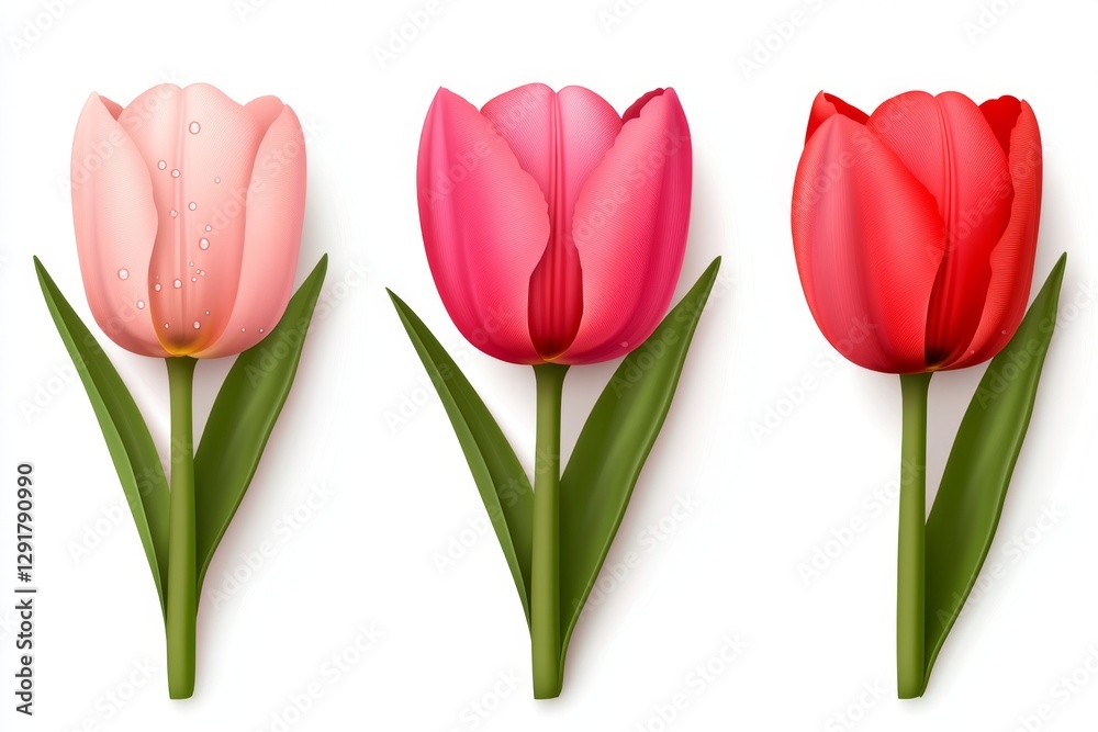 Vector illustration of a pink tulip flower with water drops, isolated on a white background. Spring or summer floral elements collection set, featuring front, side, and back views of the tulip Vector illustration of a pink tulip flower with water drops, isolated on a white background. Spring or summer floral elements collection set, featuring front, side, and back views of the tulip