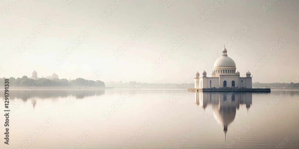 Obraz premium Serene Dawn A Picturesque Mosque Reflecting on Calm Waters, Enveloped in Misty Serenity