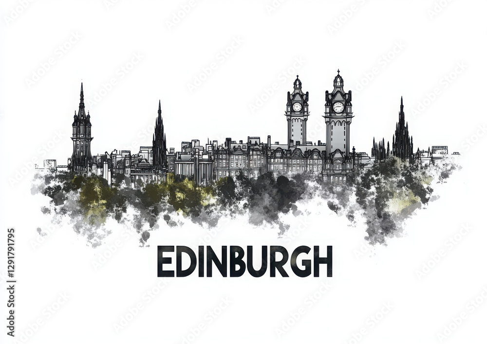 Obraz premium Edinburgh Scotland Skyline BW, print poster travel art illustration urban modern downtown landmarks skyscrapers artwork architecture digital design 