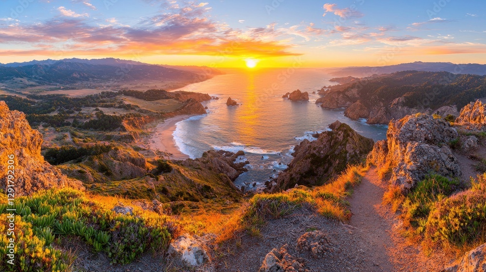 Coastal Sunset Vista, Dramatic Rocky Shoreline, High Point View, Scenic Panorama