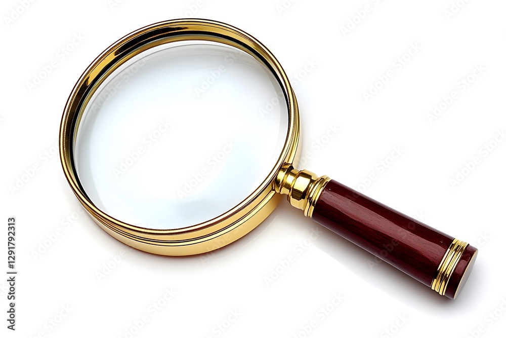 Classic magnifying glass with gold frame and wooden handle isolated on white background Classic magnifying glass with gold frame and wooden handle isolated on white background