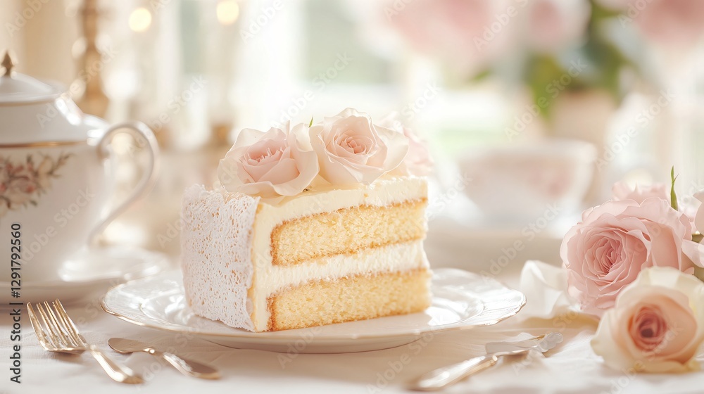 Classic Battenberg cake in an elegant café setting, served with a fine porcelain tea set and pastel pink roses Classic Battenberg cake in an elegant café setting, served with a fine porcelain tea set and pastel pink roses
