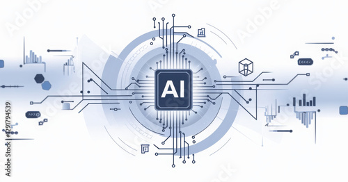 AI chip surrounded by technology icons and digital blue circuits, futuristic design, white background, concept of artificial intelligence and innovation. 3D Rendering
