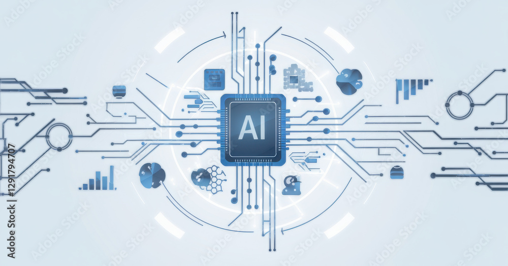 AI chip surrounded by technology icons and digital blue circuits, futuristic design, white background, concept of artificial intelligence and innovation. 3D Rendering AI chip surrounded by technology icons and digital blue circuits, futuristic design, white background, concept of artificial intelligence and innovation. 3D Rendering