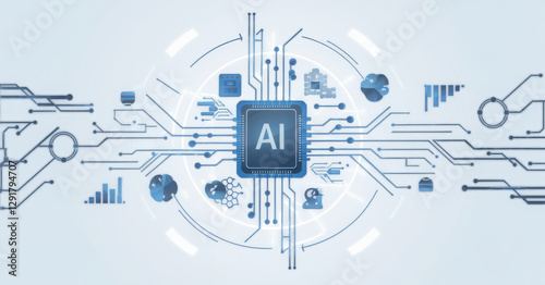 AI chip surrounded by technology icons and digital blue circuits, futuristic design, white background, concept of artificial intelligence and innovation. 3D Rendering