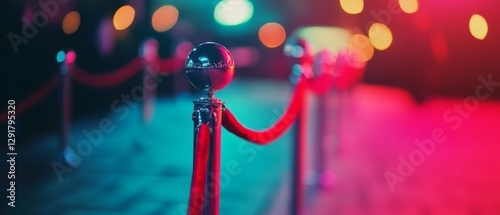 A vibrant red rope divides the path under colorful city lights, creating a dynamic flair and setting boundaries.