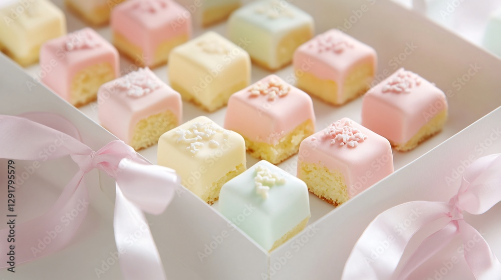 Miniature Battenberg cake bites, neatly arranged in a white box with pastel ribbon, perfect for an afternoon tea treat Miniature Battenberg cake bites, neatly arranged in a white box with pastel ribbon, perfect for an afternoon tea treat