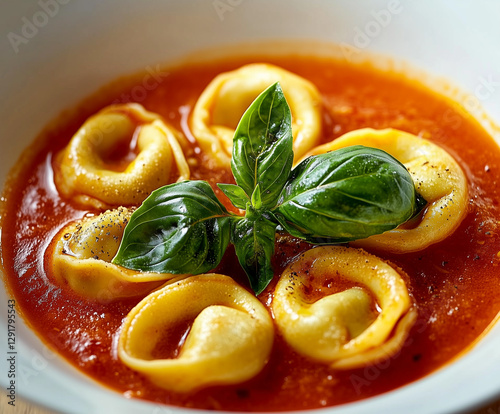 a bowl of tomato soup with tortellini, garnished with fresh basil leaves. photo